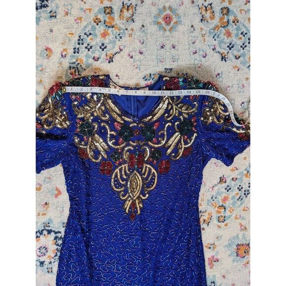 Vintage 80's Scala Royal Cobalt Blue Beaded Silk Cocktail Dress - PL - Picture 9 of 14
